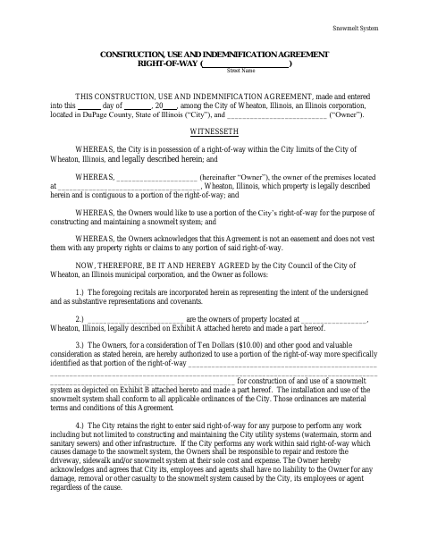 First page of the Snowmelt System Construction, Use and Indemnification Agreement