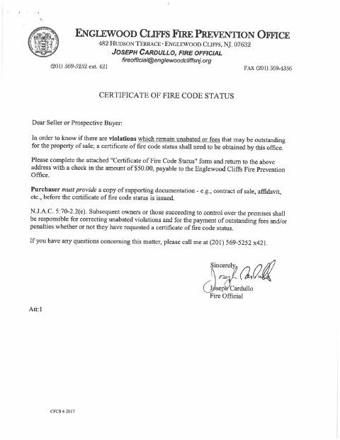 First page of the Certificate of Fire Code Status Application