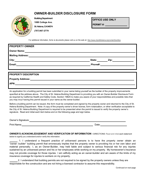 First page of the Owner-Builder Disclosure Form