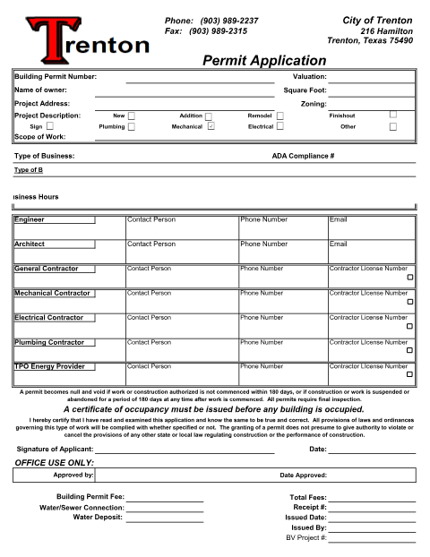 First page of the Building Permit Application