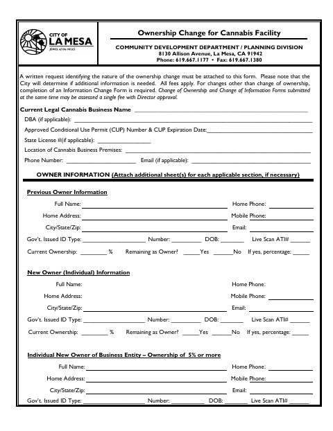 First page of the Ownership Change for Cannabis Facility
