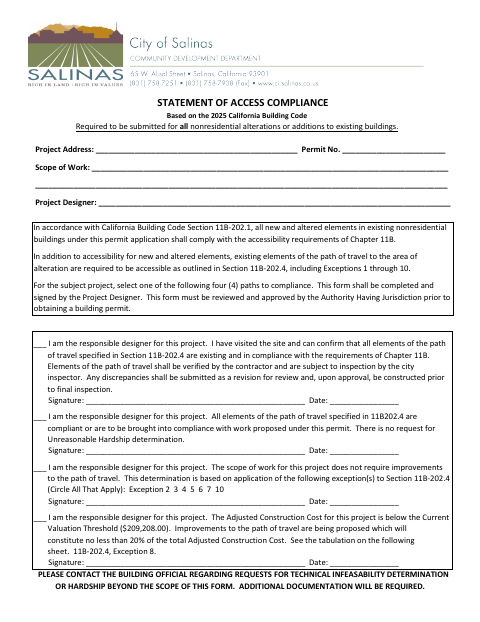 First page of the Statement of Access Compliance
