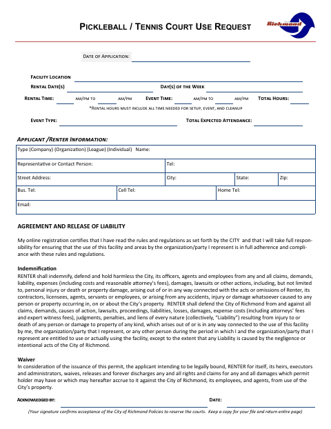 First page of the Pickleball/Tennis Court Use Request