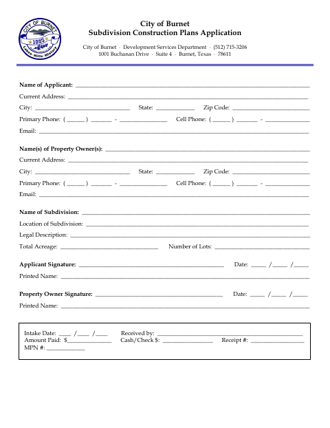 First page of the Subdivision Construction Plans Application