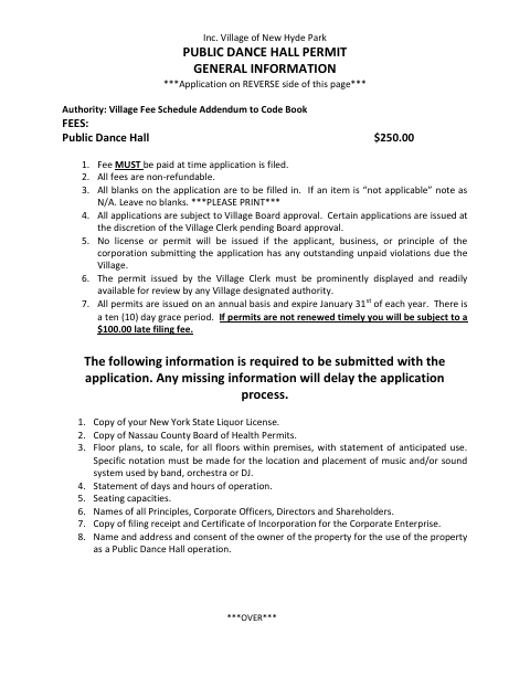 First page of the Public Dance Hall Permit Application
