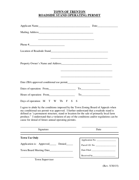 First page of the Roadside Stand Operating Permit