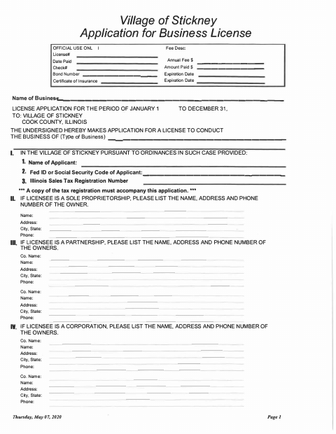 First page of the Business License Application