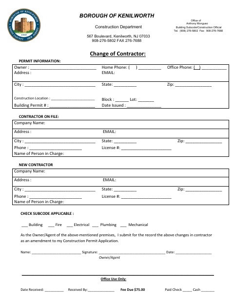 First page of the Change of Contractor