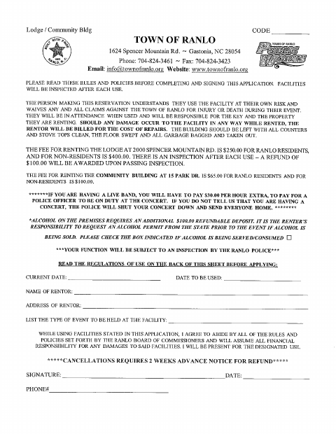 First page of the Lodge and Community Building Rental Application