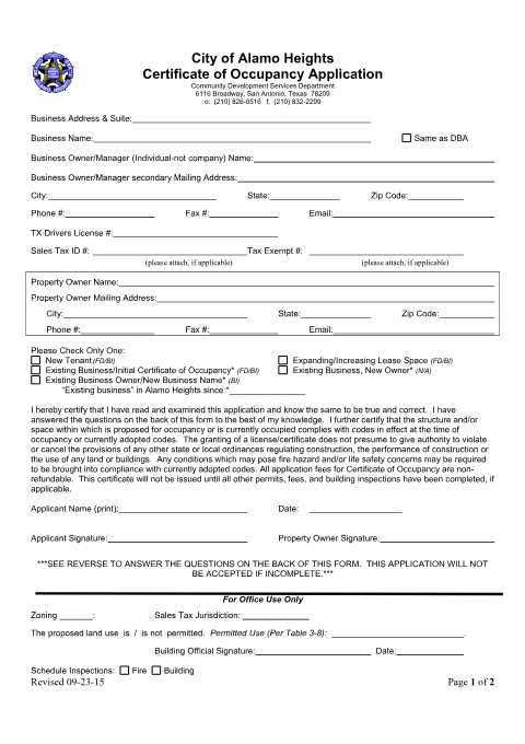 First page of the Certificate of Occupancy Application