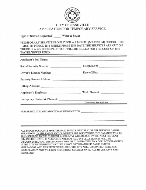 First page of the Temporary Service Application
