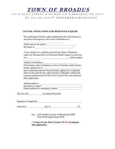 First page of the Beer, Wine or Liquor License Application
