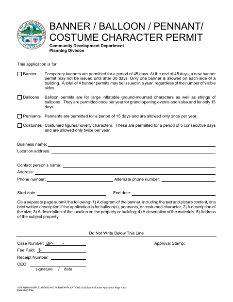 First page of the Banner / Balloon / Pennant / Costume Character Permit