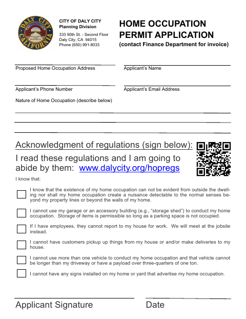 First page of the Home Occupation Permit Application