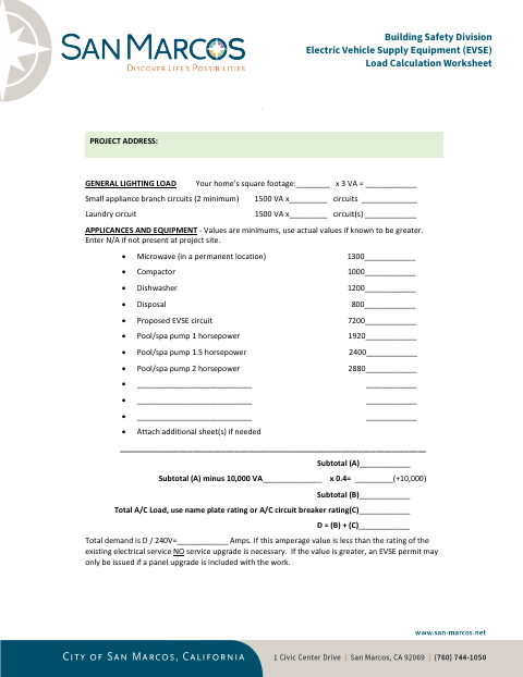 First page of the Electric Vehicle Supply Equipment (EVSE) Load Calculation Worksheet