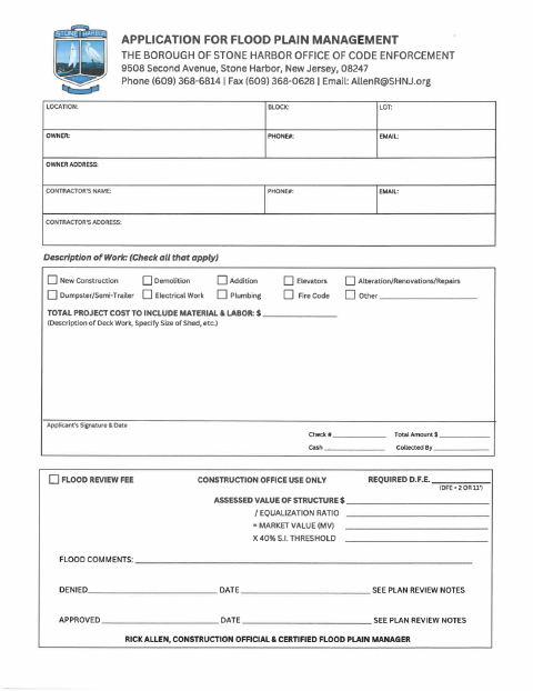 First page of the Application For Floodplain Management