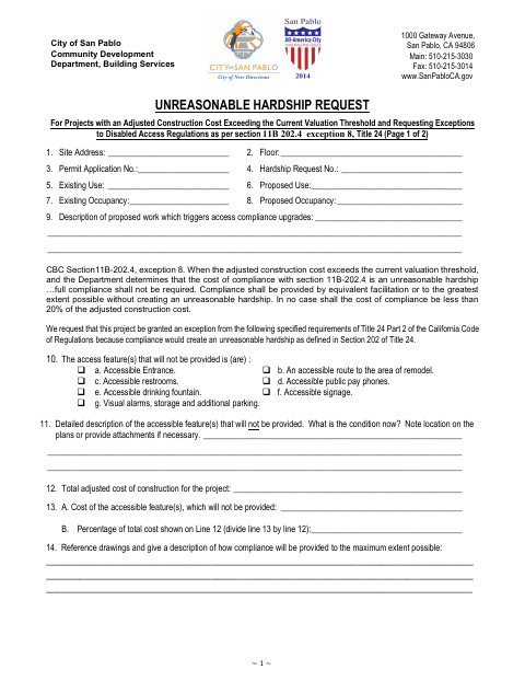 First page of the Unreasonable Hardship Request