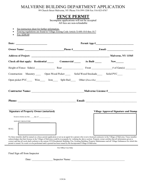 First page of the Fence Permit Application