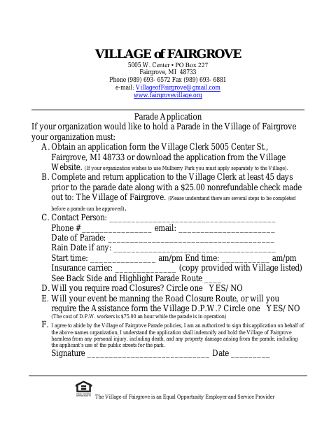First page of the Parade Application