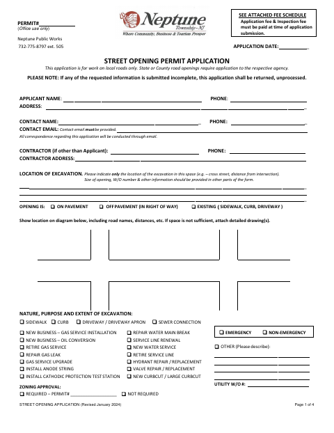 First page of the Street Opening Permit Application