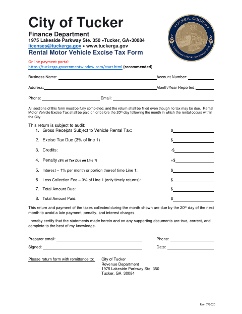 First page of the Rental Motor Vehicle Excise Tax Form