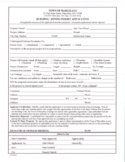 First page of the Building / Zoning Permit Application