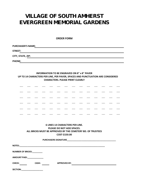 First page of the Evergreen Memorial Gardens Order Form
