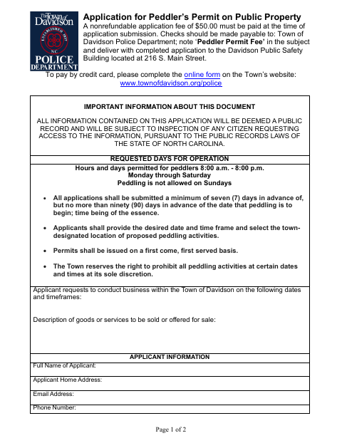 First page of the Application for Peddler’s Permit on Public Property