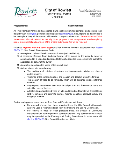 First page of the Tree Removal Permit Checklist