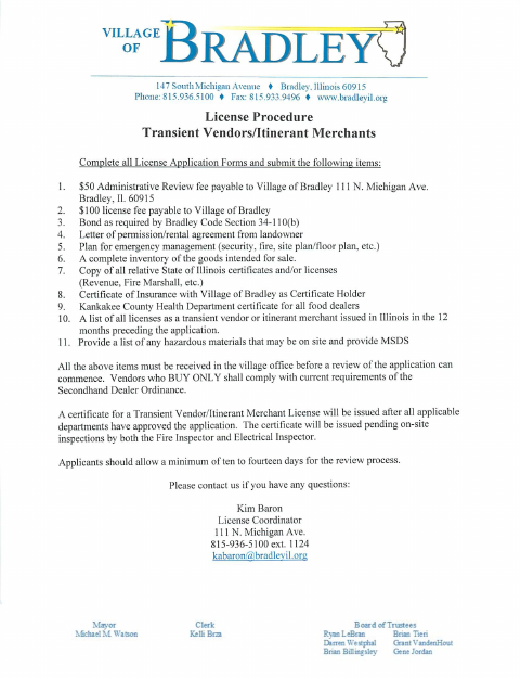 First page of the Transient Vendor Application Packet
