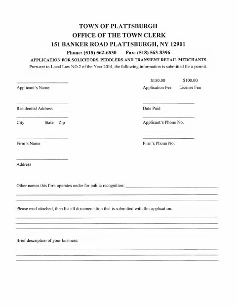 First page of the Application for Solicitors, Peddlers and Transient Retail Merchants