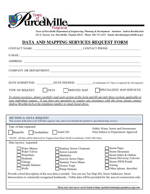 First page of the Data and Mapping Services Request Form