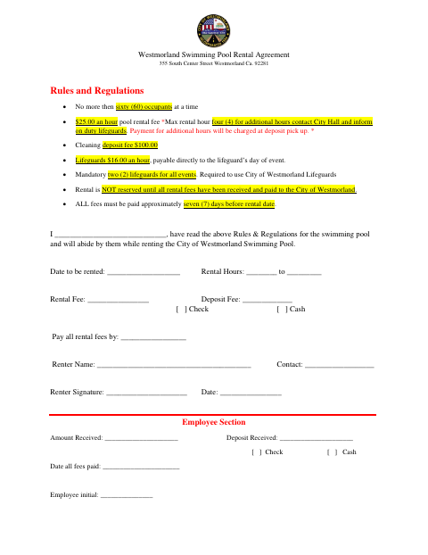 First page of the Swimming Pool Rental Agreement