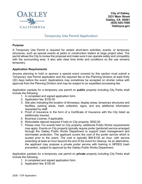 First page of the Temporary Use Permit Application