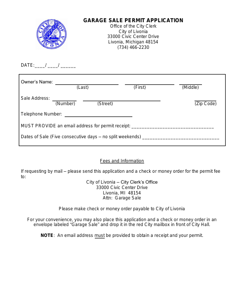 First page of the Garage Sale Permit Application