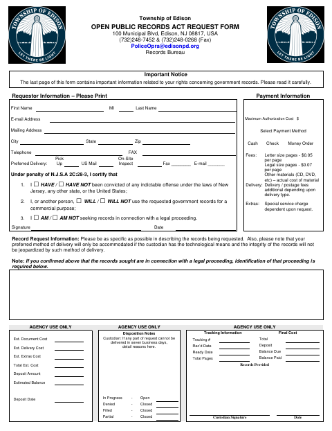 First page of the Open Public Records Act Request Form