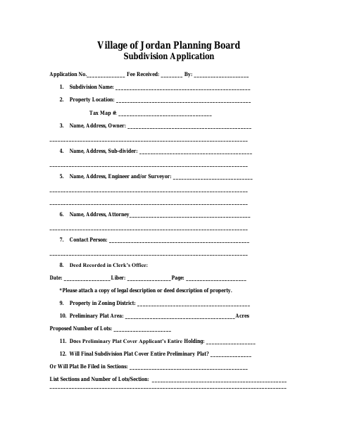 First page of the Subdivision Application