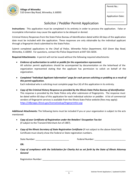 First page of the Solicitor / Peddler Permit Application