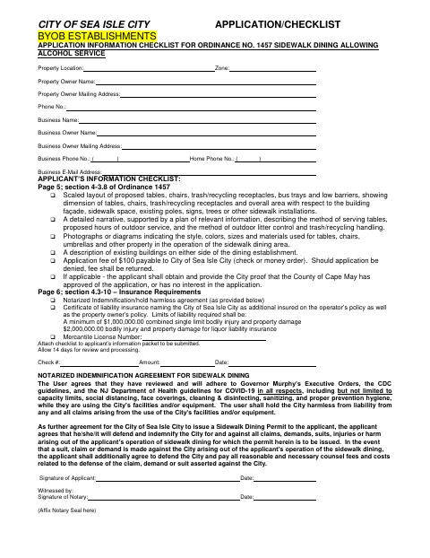 First page of the BYOB Sidewalk Dining Application and Notarized Indemnification Agreement
