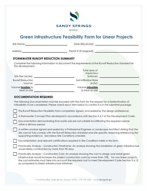 First page of the Green Infrastructure Feasibility Form for Linear Projects
