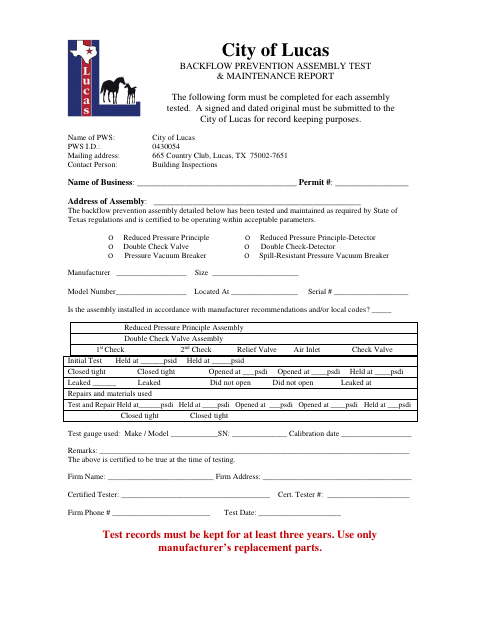First page of the Backflow Prevention Assembly Test & Maintenance Report