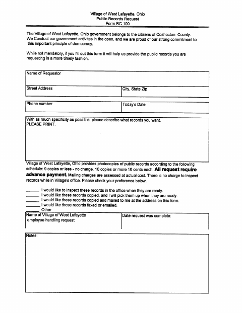 First page of the Public Records Request Form