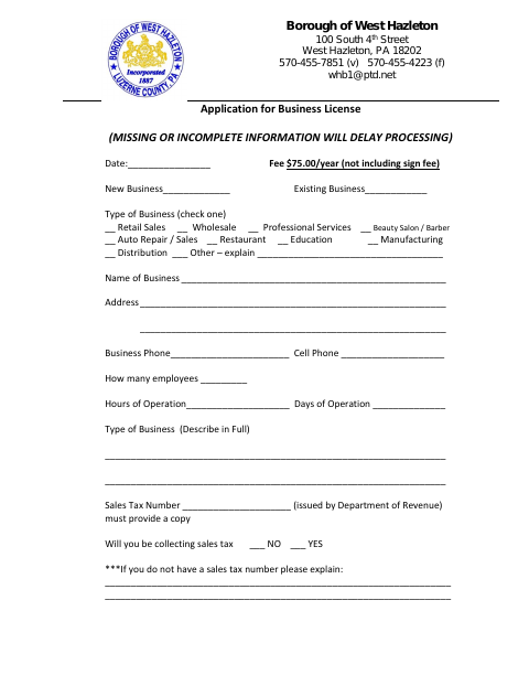 First page of the Application for Business License