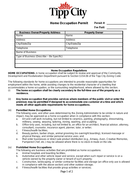 First page of the Home Occupation Permit