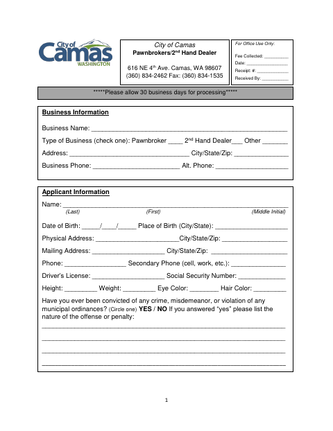 First page of the Pawnbroker and Secondhand Dealer License Application
