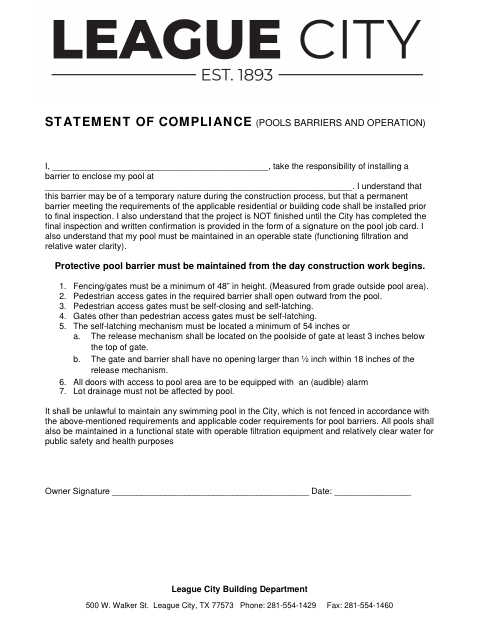 First page of the Statement of Compliance (Pools Barriers and Operation)
