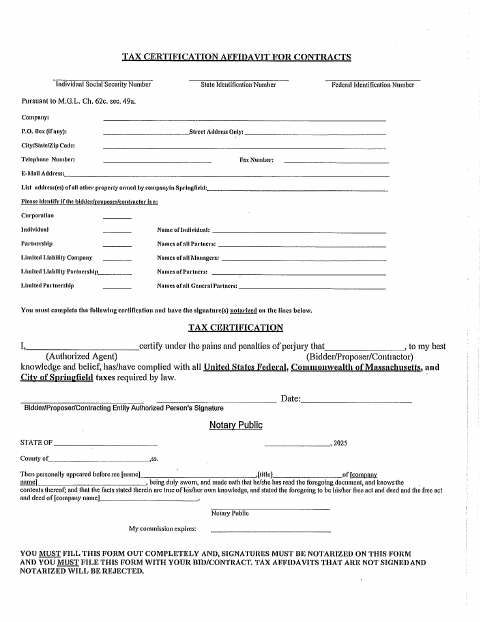 First page of the Tax Certification Affidavit for Contracts