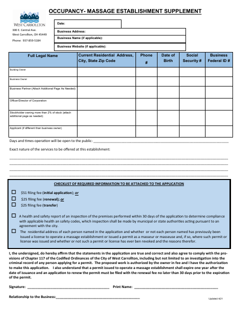 First page of the Occupancy – Massage Establishment Supplement