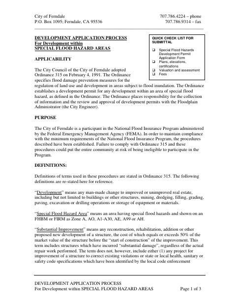 First page of the Development Permit Application for Development Within Special Flood Hazard Areas