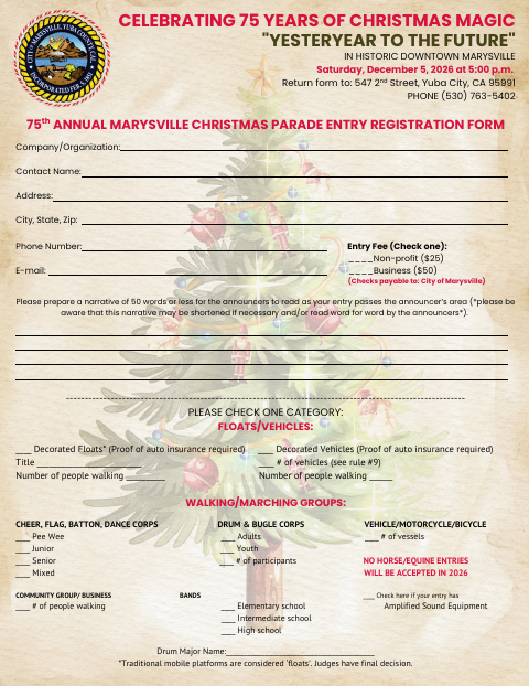 First page of the 75th Annual Christmas Parade Entry Registration Form
